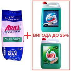 Порошок Ariel AlphaWhite 10кг / Domestos Alp.св. с кислот 5л / Fairy М'ята 5л