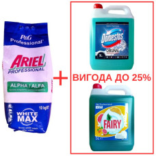 Порошок Ariel AlphaWhite 10кг / Domestos Alp.св. с кислот 5л / Fairy Цитрус 5л