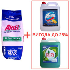 Порошок Ariel AlphaWhite 10кг / Domestos Лимон 5л / Fairy Лайм 5л