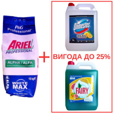Порошок Ariel AlphaWhite 10кг / Domestos Лимон 5л / Fairy Цитрус 5л