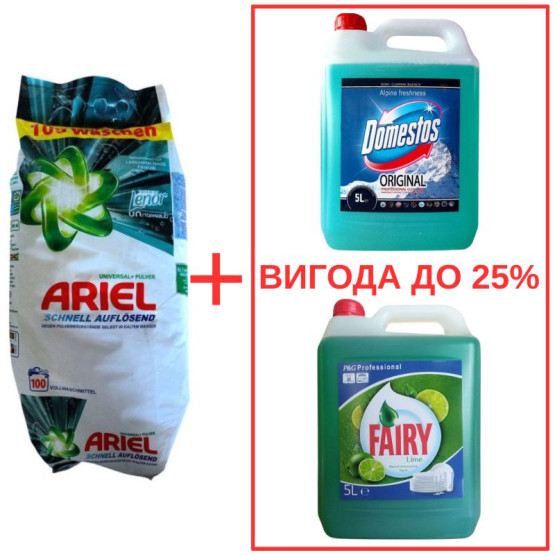 Набор: Стиральный порошок Ariel Universal Pulver 10кг / Domestos Альпийская свежесть с ортофосфорной кислотой 5л / Fairy Лайм 5л